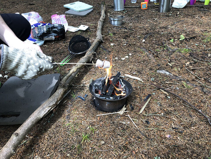 Marshmallows toasting over an outdoor fire