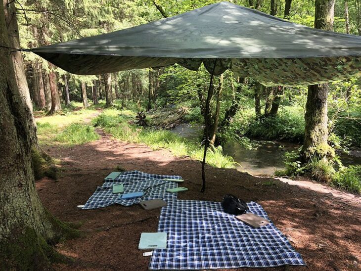 Tarpaulin shelter in woodland with picnic mats below